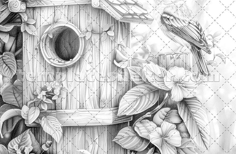 30 Fantasy Bird Houses Coloring Pages Printable Grayscale 2 PDF Files Dark Light Template Shaker