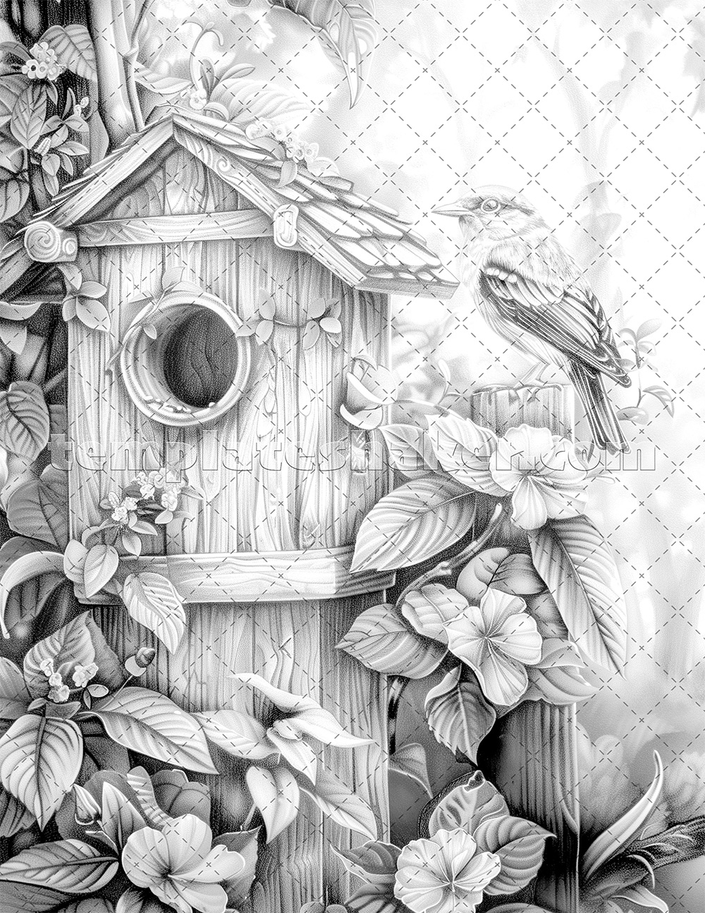 30 Fantasy Bird Houses Coloring Pages Printable Grayscale 2 PDF Files Dark Light Template Shaker