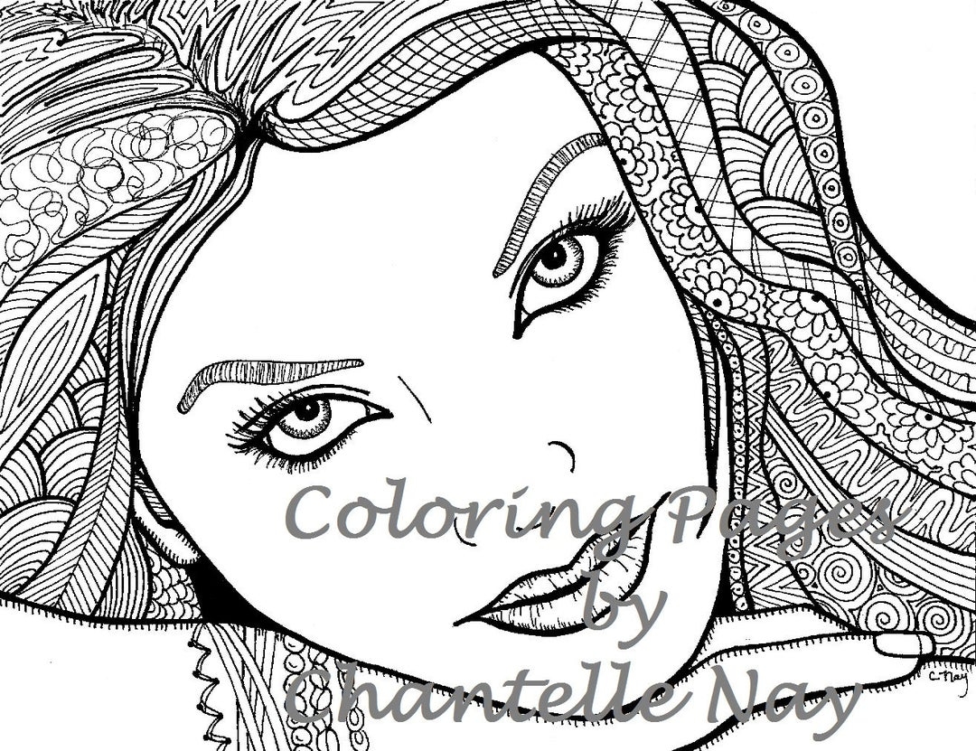Beautiful Girl Coloring Page Woman Face Adult Coloring Picture Digital Zentangle Advanced Coloring Printable Coloring Page Etsy