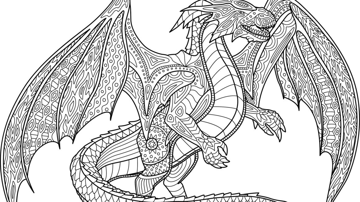 Dragon Coloring Page Medium Difficulty Printable For Kids Adults Digital Download Mandala Art Therapy Small Details Sci fi Etsy