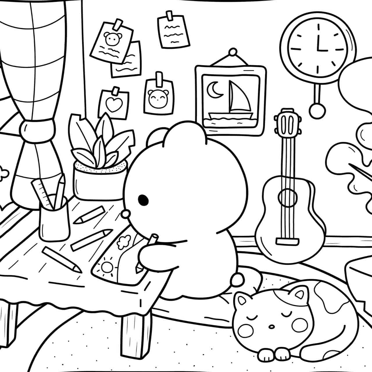 Kawaii Coloring Pages For Adult Cozy Coloring Book Relaxing Coloring Pages Japanese Kawaii Cozy Illustrations Kawaii Printable Etsy