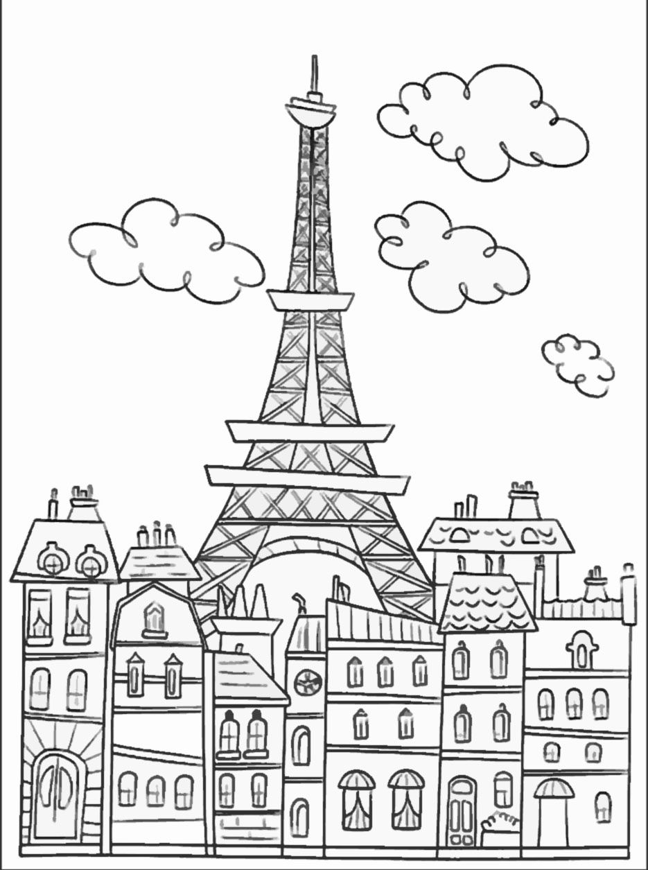 Paris Buildings And Eiffel Tower Paris Coloring Pages For Adults