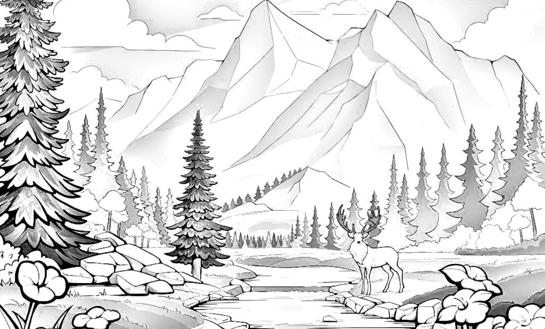 River Mountains And Trees Nature s Beauty Calming Nature Coloring Pages For Kids And Adults Digital Printable Downloads PDF Format Etsy Israel