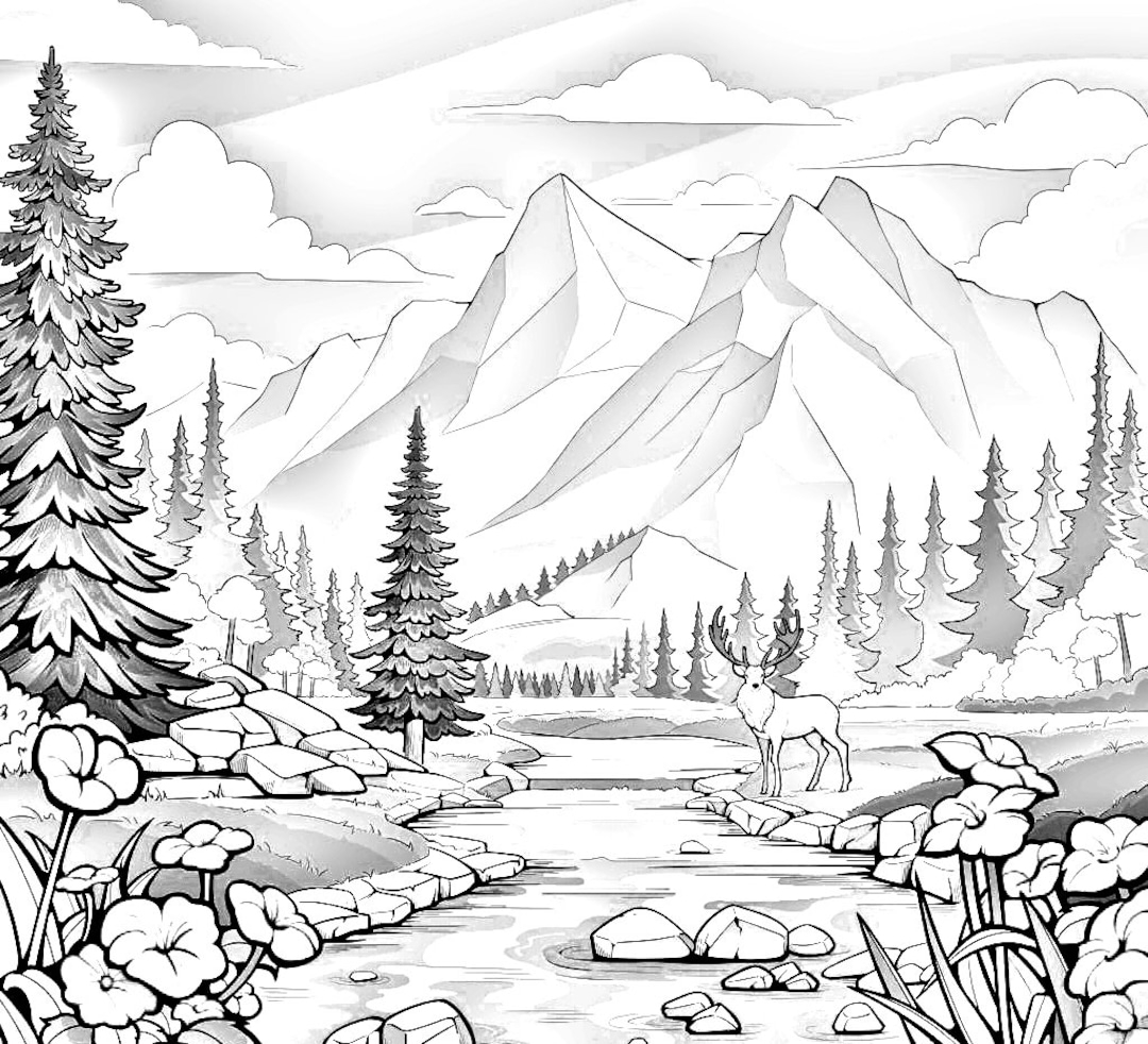 River Mountains And Trees Nature s Beauty Calming Nature Coloring Pages For Kids And Adults Digital Printable Downloads PDF Format Etsy Israel
