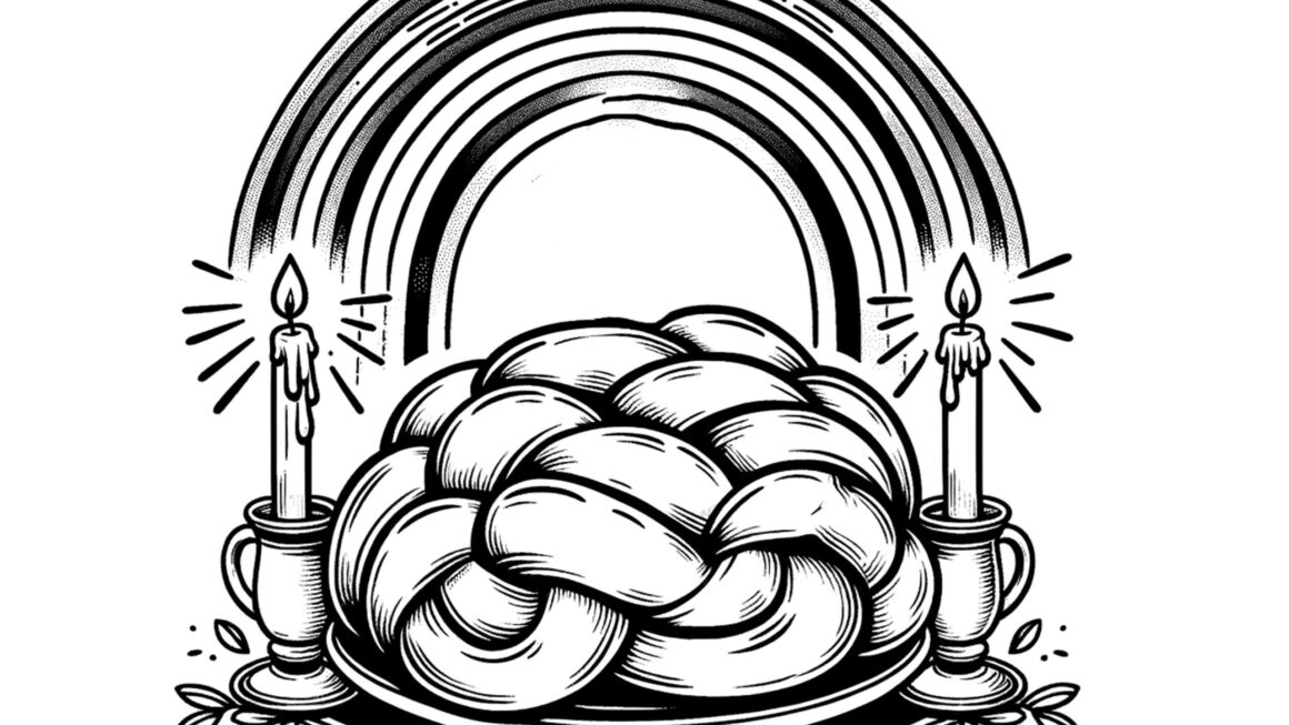 Shabbat Challah With Candles And Rainbow Free Printable Coloring Page Jewish Coloring Pages
