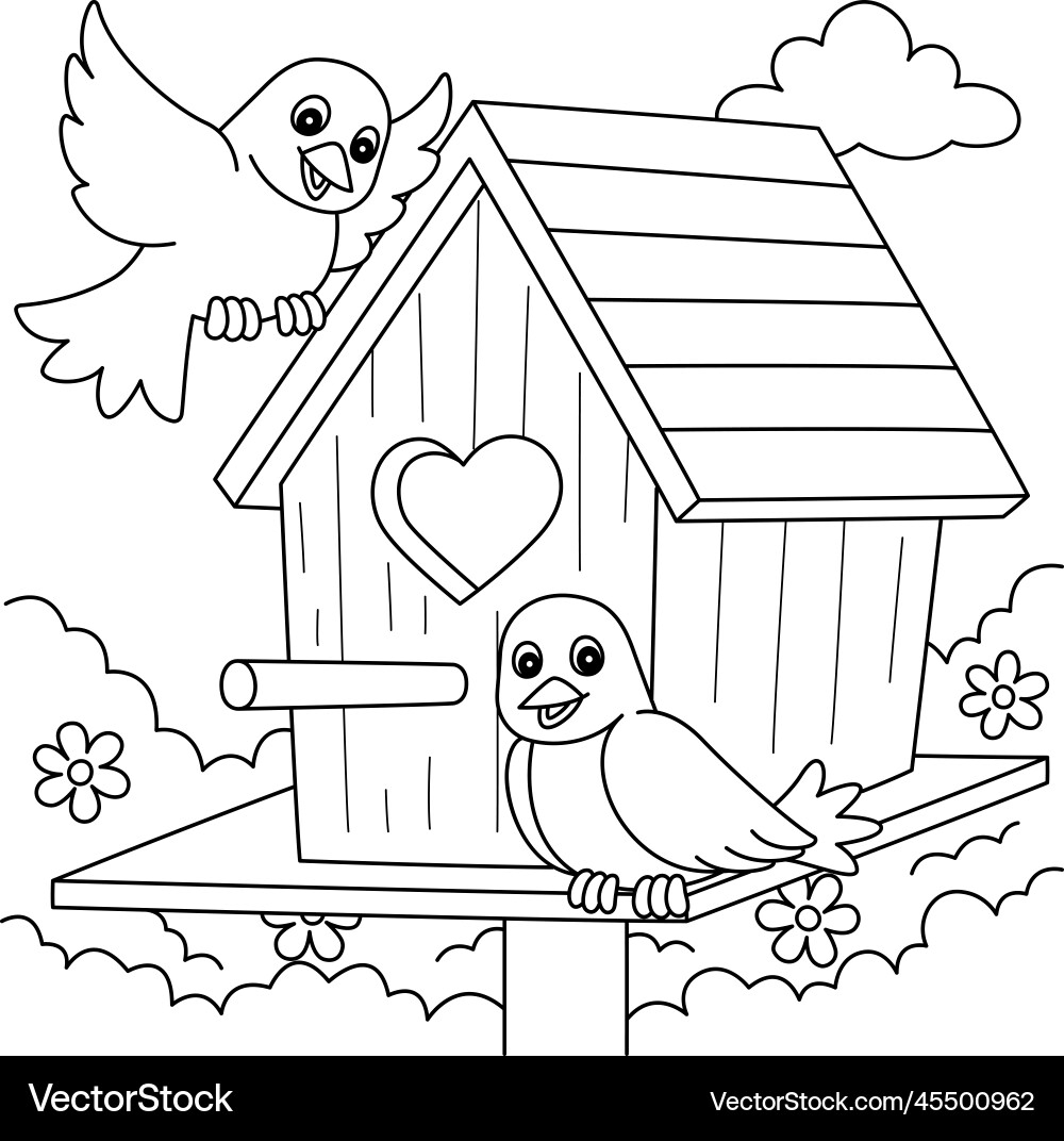 Spring Birdhouse Coloring Page For Kids Royalty Free Vector